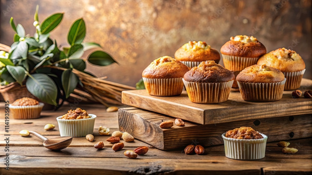 Delicious nut muffins displayed on rustic wooden boards Delicious nut muffins displayed on rustic wooden boards