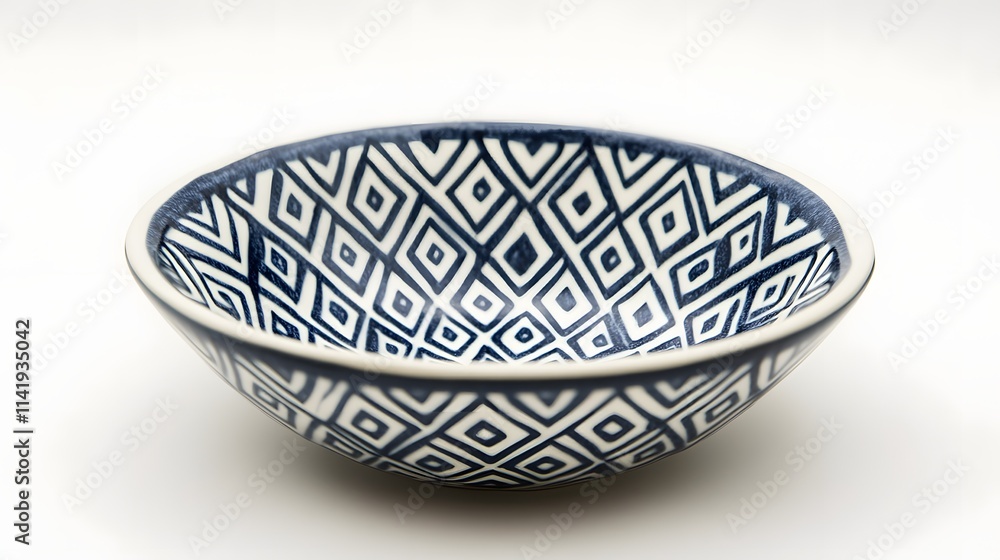 Navy blue and white diamond-shaped pattern on a ceramic dish isolated on a clean white background, highlighting elegant geometric precision Navy blue and white diamond-shaped pattern on a ceramic dish isolated on a clean white background, highlighting elegant geometric precision