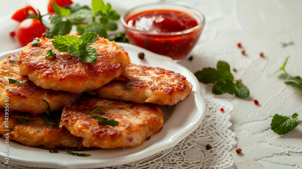 A plate of homemade syrniki topped with fresh mint leaves and red sauce, beautifully presented in a transparent glass on a white background, perfect for a healthy and delicious breakfast or snack. A plate of homemade syrniki topped with fresh mint leaves and red sauce, beautifully presented in a transparent glass on a white background, perfect for a healthy and delicious breakfast or snack.