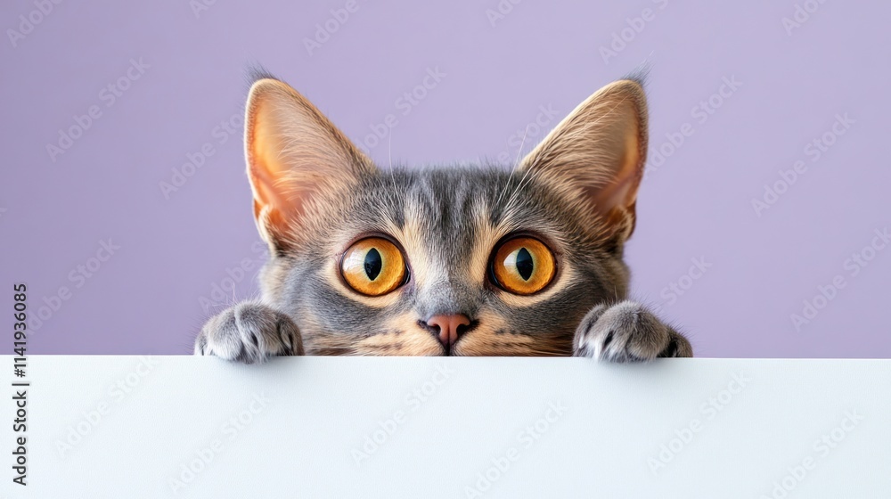 Cute tabby cat peeking over white surface with lavender backdrop. Cute tabby cat peeking over white surface with lavender backdrop.