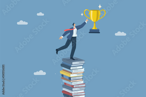 Learning and education lead to great success, Creating business or career opportunities, Concept of development to success, Businessman is about to grab a trophy, Flat vector design illustration.