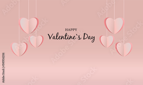 Happy Valentine Day Poster Design in Pink Background Theme , Banner for Valentine Day . Beautiful paper cut white clouds with white heart frame on pink background. Vector illustration. Papercut style.