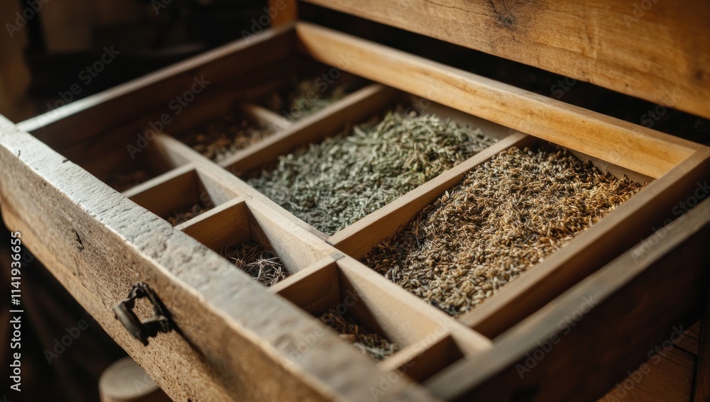 Wooden drawer filled with compartments of various herbs and grains. Wooden drawer filled with compartments of various herbs and grains.