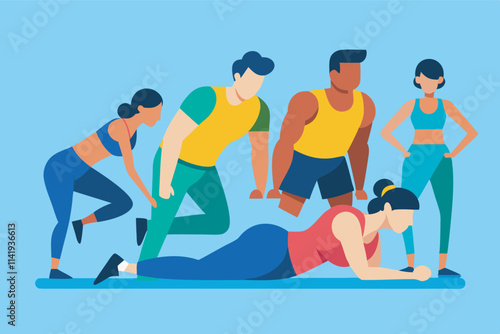 Image shows 5 people in varied exercises in sportswear, exuding vitality and commitment to active, healthy lifestyle on light blue background.
