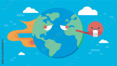 Cartoon Earth with human features holds a thermometer, looking unwell. Sun emits heat rays, cloud appears to cry. Illustration conveys Earth's discomfort.