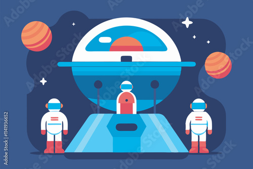 A space illustration shows two astronauts in white suits with a red UFO. Planets, stars, and cosmic colors enhance the background