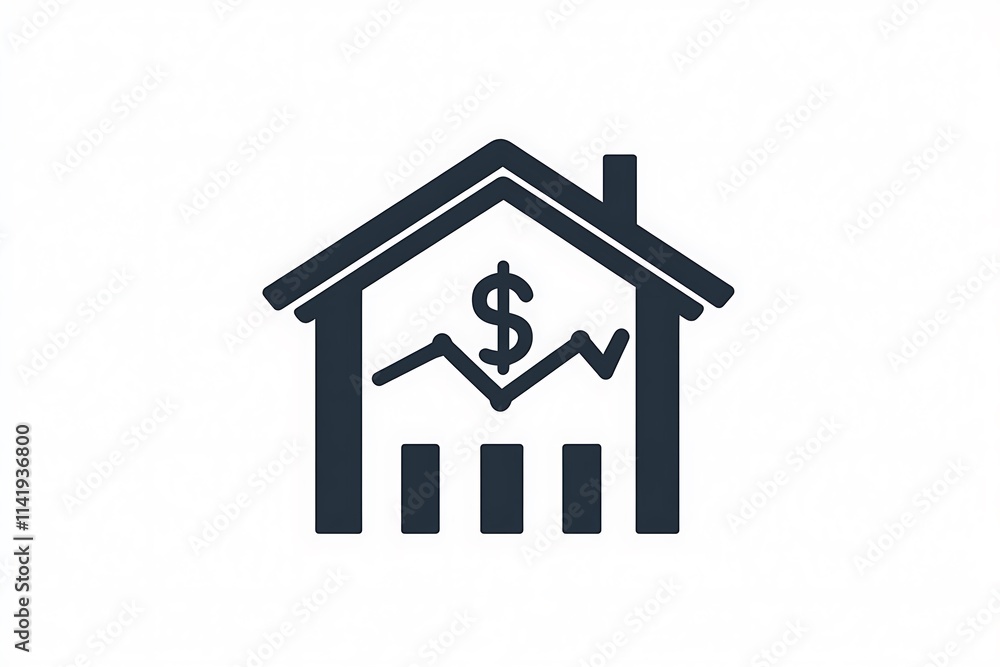 Minimalist graphic of house icon with dollar sign and upward trend line Minimalist graphic of house icon with dollar sign and upward trend line