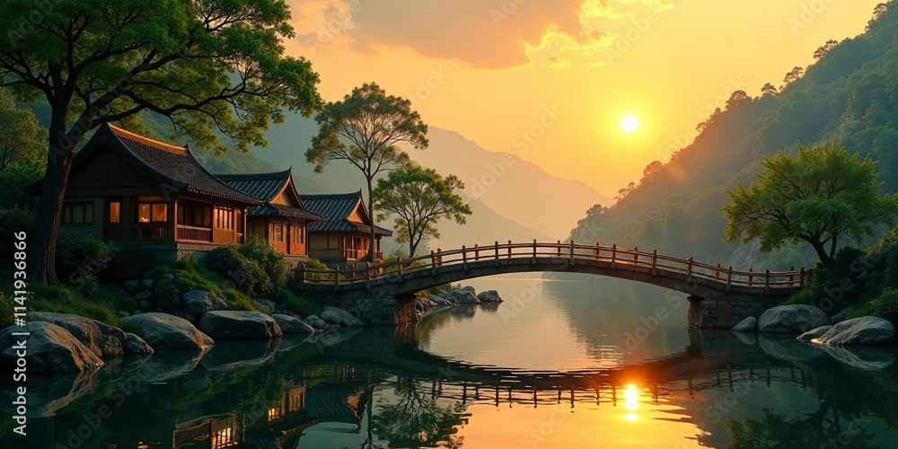 Obraz premium Serene Sunset Over Tranquil Water and Picturesque Wooden Bridge Adjoining Asian Style Houses