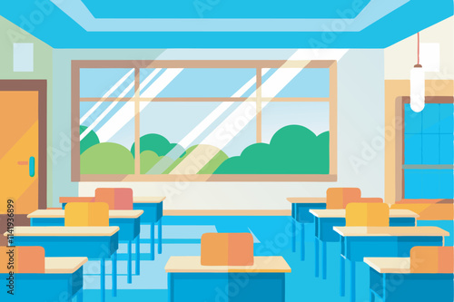 An empty, well-organized elementary classroom with blue walls, desks, chairs, and a large window creating a peaceful, inviting atmosphere.