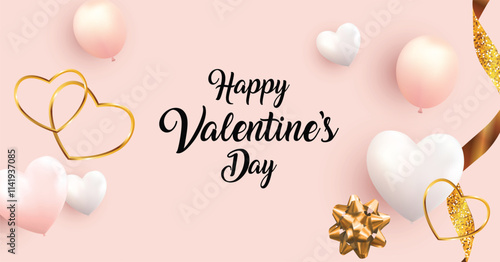 Happy Valentines Day header or sale banner. 3d red heart balloon .Romantic background with realistic design elements, gift box, metal hearts, balloons in the shape of heart and strewn 