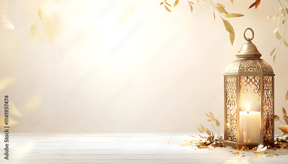 Fototapeta premium An Arabic lantern of Ramadan Kareem celebration with an illuminated background. Ai generative