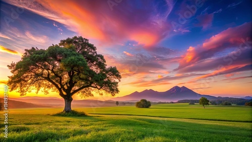 Serene Sunset Landscape Majestic Tree in a Verdant Field with Vibrant Sky and Distant Mountains