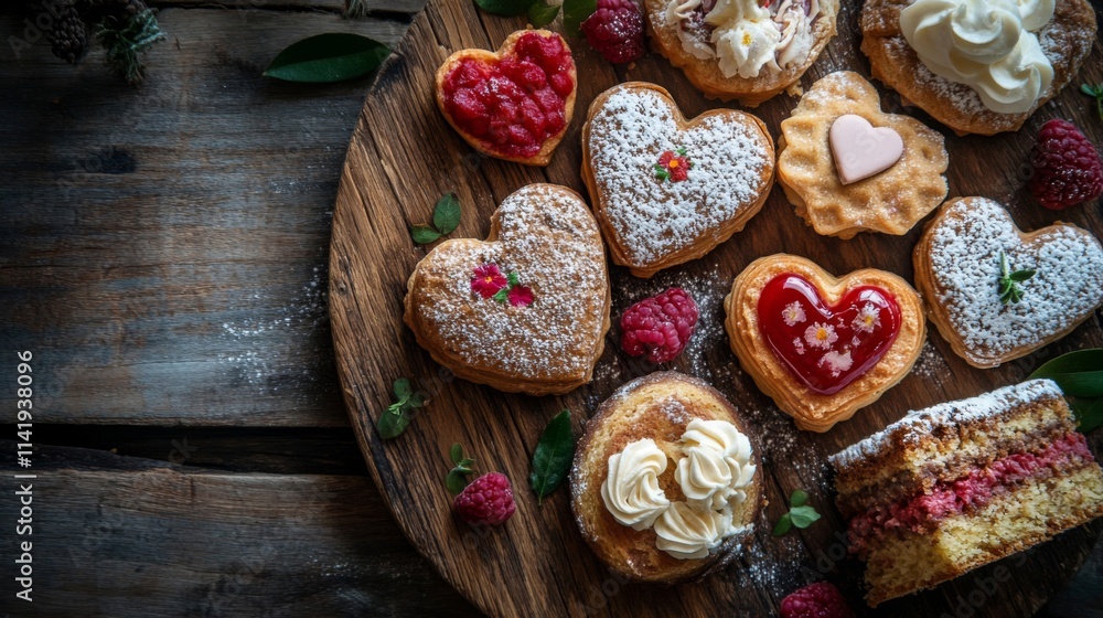Fototapeta premium Delicious heart shaped pastries and cakes arranged on a wooden board