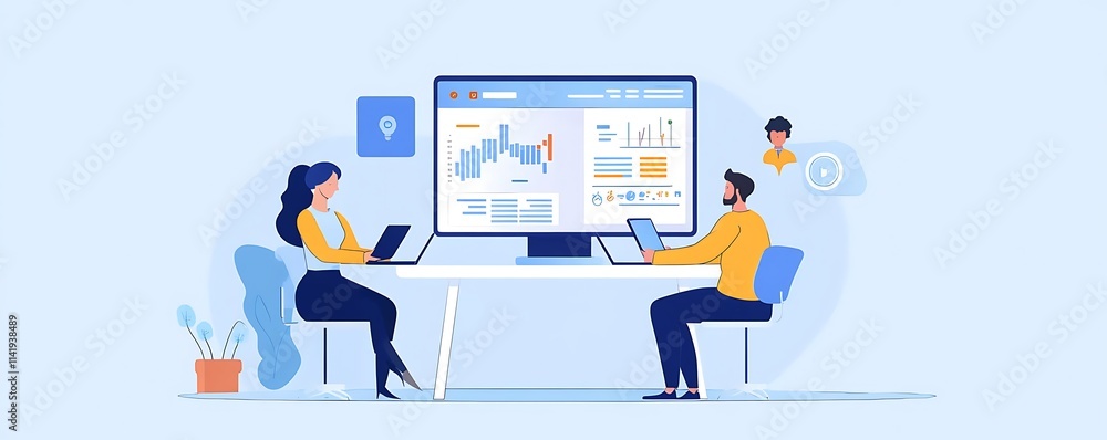 Team of professionals discussing business insights with digital tools and reports Team of professionals discussing business insights with digital tools and reports