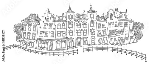 Houses in the old medieval town. Black and white coloring book page