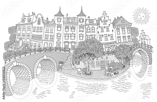 River embankment in the old medieval town. Black and white coloring book page