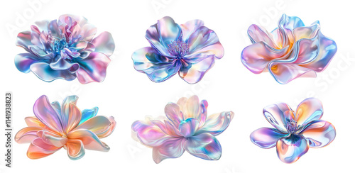 Fototapeta Naklejka Na Ścianę i Meble -  Colorful Abstract purple 3d fluid metallic holographic colored shape png cutout transparent background blossoms displaying unique petal patterns and colors