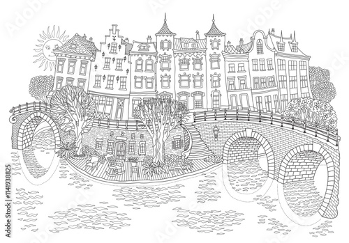 River embankment in the old medieval town. Black and white coloring book page