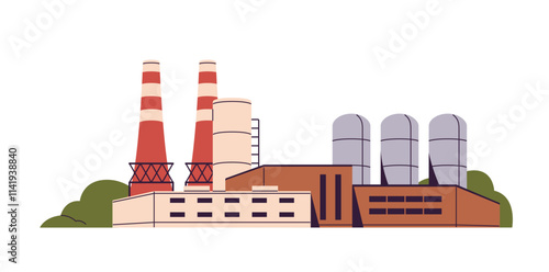 Coal fired power plant with tubes. Building of manufacturing with chimneys, tanks. Concrete manufactory, metallurgical production factory. Heavy industry. Flat isolated vector illustration on white