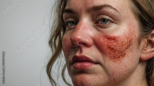 Severe Acne Scars on a Young Woman's Face A Close-up Portrait Revealing the Effects of Skin Damage