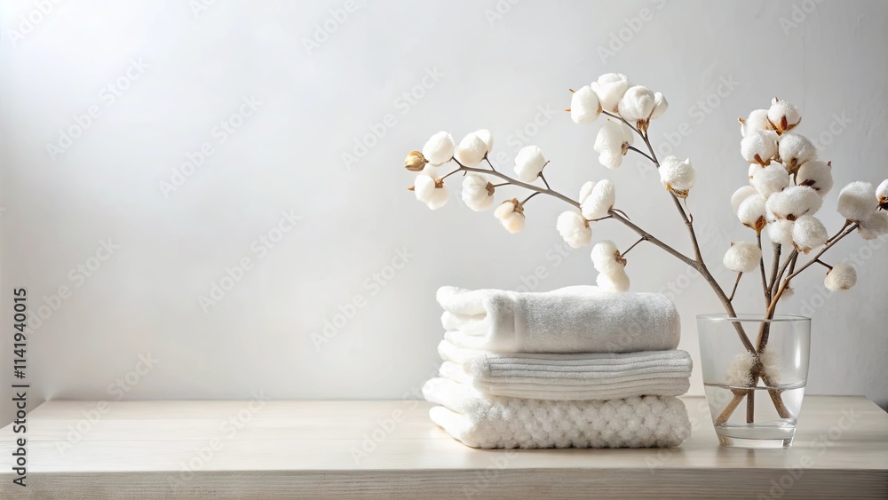Serene Spa Setting with Soft Towels and Cotton Blooms Serene Spa Setting with Soft Towels and Cotton Blooms