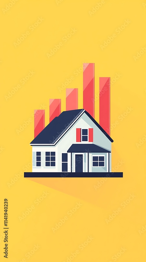 Simple illustration of house with a financial bar graph rising behind it Simple illustration of house with a financial bar graph rising behind it
