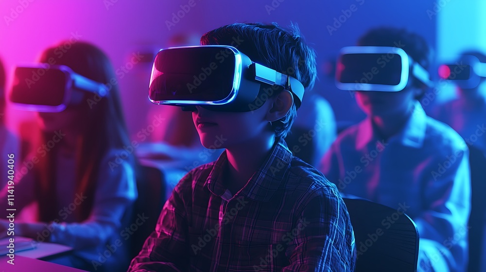 Children wearing VR headsets in a classroom, experiencing immersive technology. Children wearing VR headsets in a classroom, experiencing immersive technology.