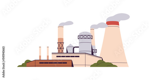 Nuclear or Thermal power plant with smoke exhaust, tubes. Station building for energy production. Factory with chimneys. Heavy industry, manufacturing. Flat isolated vector illustration on white