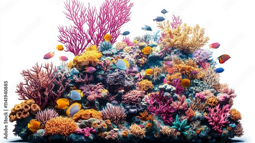 Naklejka premium A vibrant coral reef teeming with colorful corals and diverse fish species, showcasing the beauty of marine life.