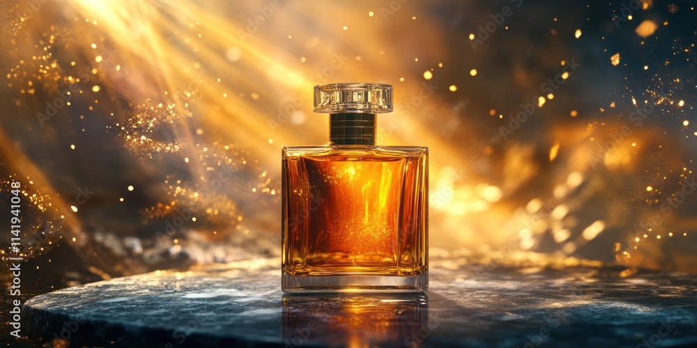 Glass bottle with golden liquid on a marble surface with glowing, blurred background. Glass bottle with golden liquid on a marble surface with glowing, blurred background.