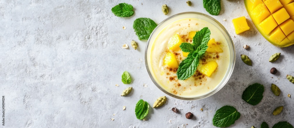 Mango smoothie with mint and cardamoms on gray background. Mango smoothie with mint and cardamoms on gray background.