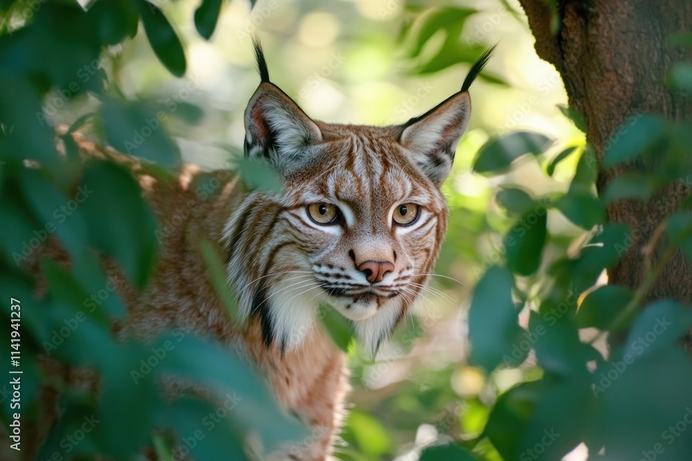 Lynx portrait peering through foliage.