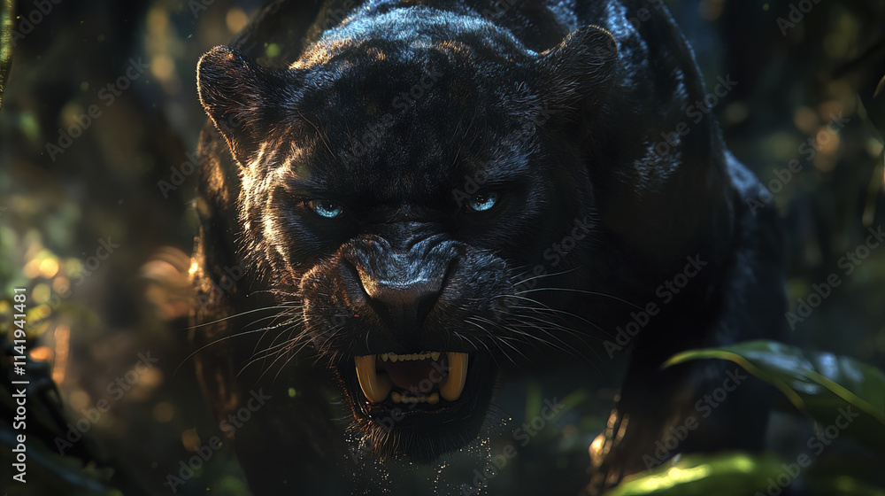 Naklejka premium fierce black panther snarling in lush jungle, showcasing its striking blue eyes