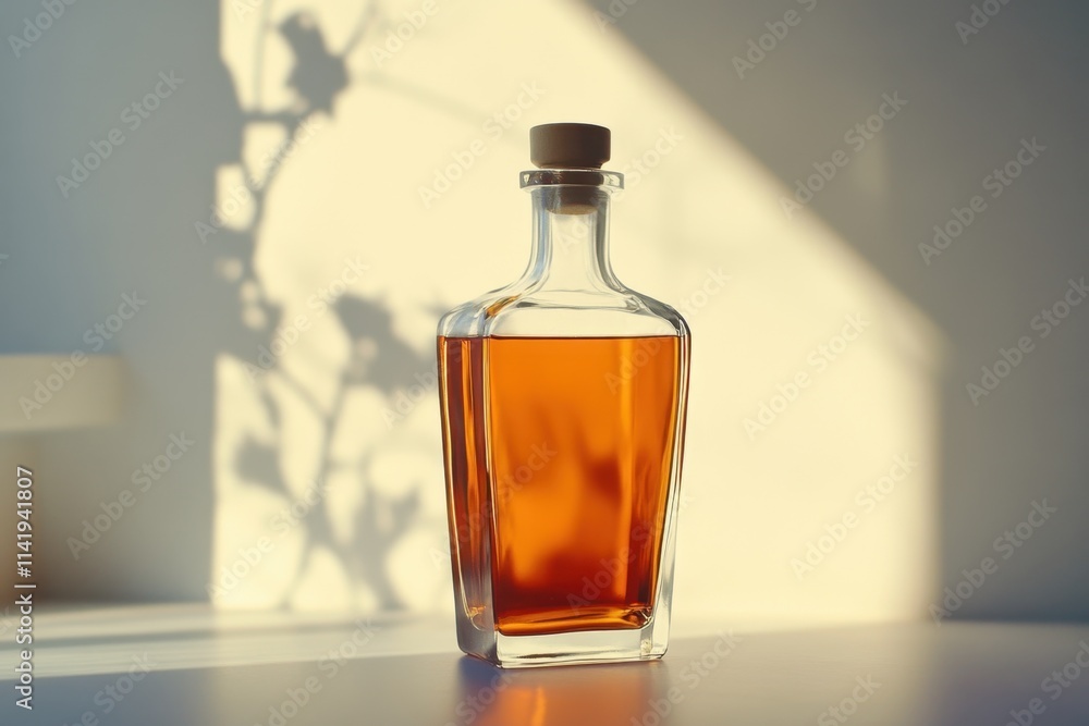 Amber liquid in a glass bottle sunlight shadow Amber liquid in a glass bottle sunlight shadow
