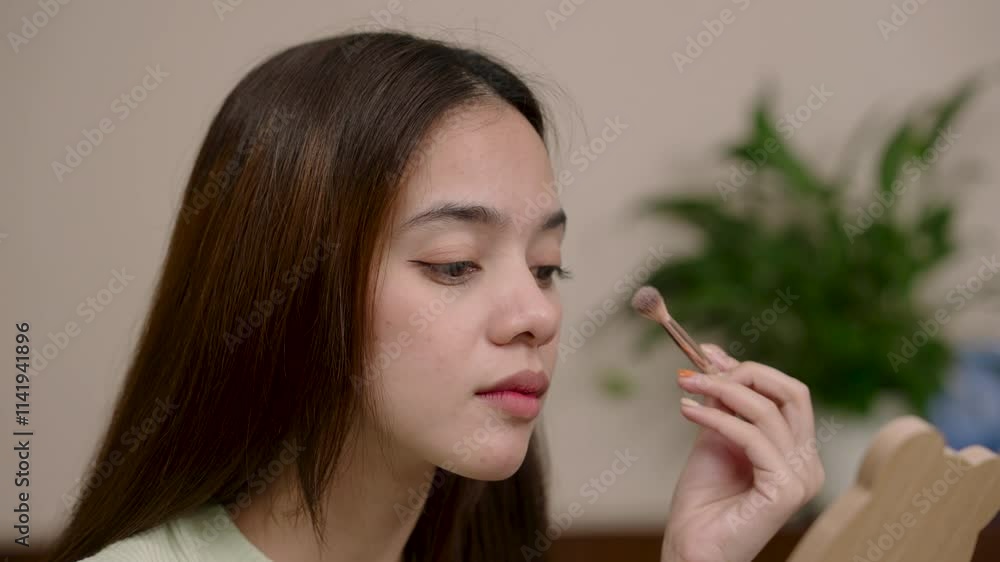 Portrait, Beautiful Asian woman sitting on bed, applying eye makeup, where hold soft brush applies eye color, look more beautiful lively, finished, look in mirror, see beauty after makeup is done.