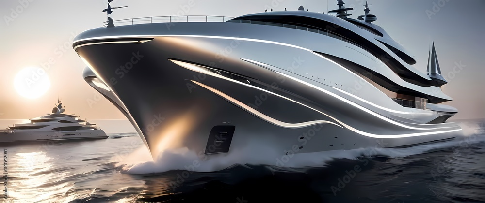 Close up of a futuristic silver and white superyacht with curved lines with seagulls flying in formation overhead and warm sunlight reflecting on its surface Close up of a futuristic silver and white superyacht with curved lines with seagulls flying in formation overhead and warm sunlight reflecting on its surface