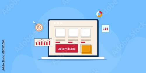 Advertising campaign, display ad clicks, pay per click, landing page conversion analytics, performance data and business objective target concept.