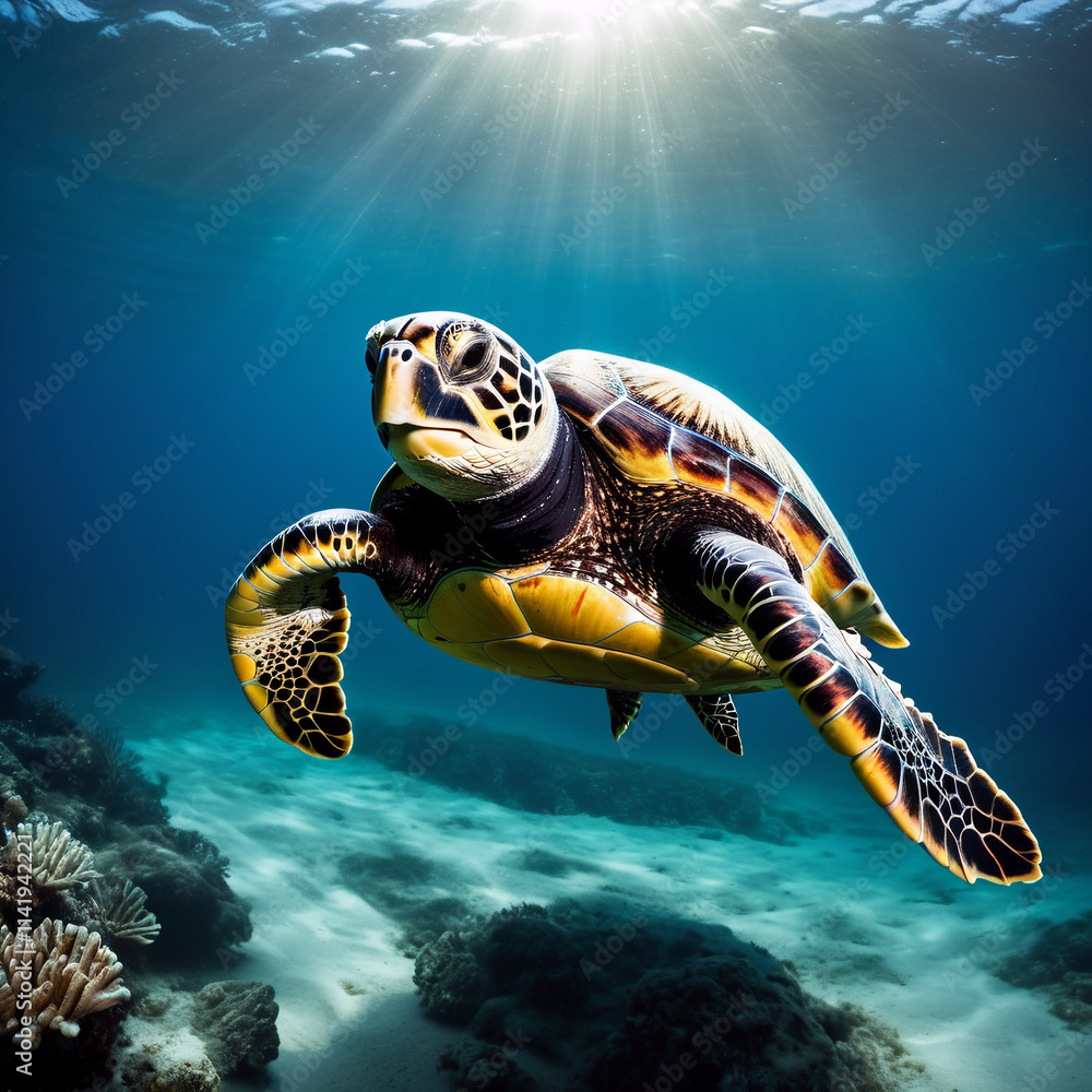 Fototapeta premium Meeresbewohner - Schildkröte taucht durch Meereslandschaften