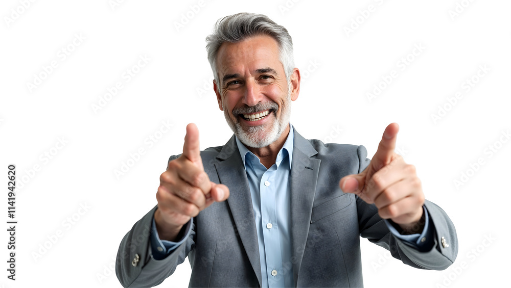Confident Middle-Aged Businessman Smiling Brightly and Pointing Confident Middle-Aged Businessman Smiling Brightly and Pointing