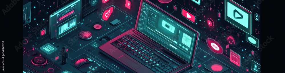 Abstract laptop surrounded by neon icons, isometric view. Abstract laptop surrounded by neon icons, isometric view.