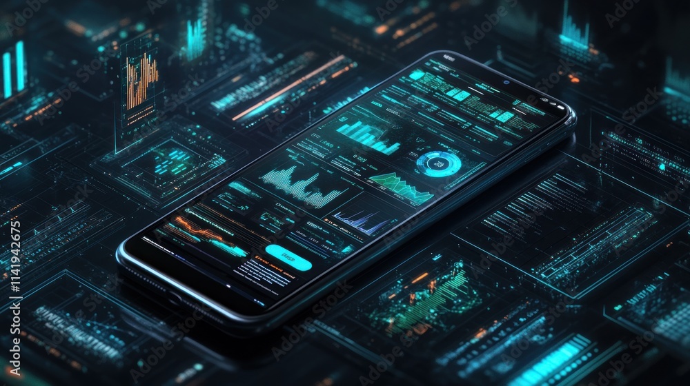 Phone displaying data charts with holographic effect. Phone displaying data charts with holographic effect.