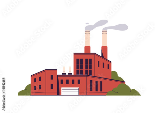 Metallurgical plant with stem of smoke from chimneys. Chemical factory with exhaust tubes. Brick, cement production. Manufacturing building. Heavy industry. Flat isolated vector illustration on white