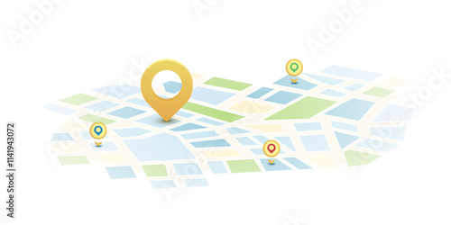 Locator position point. GPS tracking system to navigate around the city landmarks. Detailed city street map with directions to different locations. Vector illustration