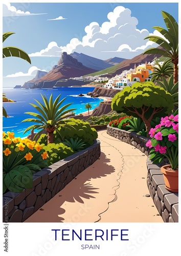 Tenerife Spain Eco Friendly Travel Poster Illustration Wall Art Print Decor Gift Canvas Retro Design