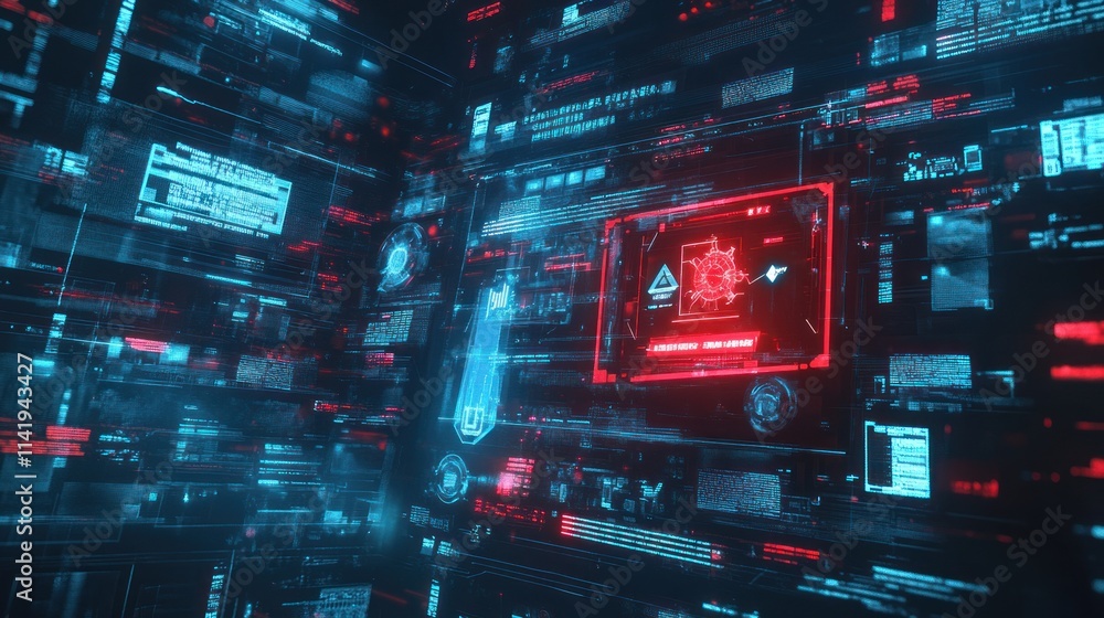 Data breach with glowing, layered digital panels. Data breach with glowing, layered digital panels.