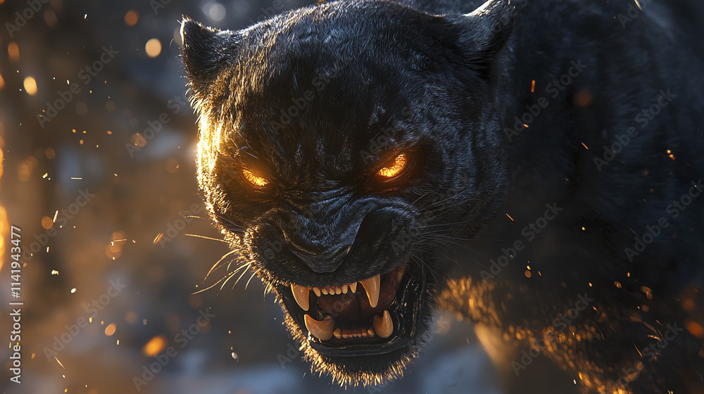 black panther snarling fiercely with glowing amber eyes, showcasing power and intensity black panther snarling fiercely with glowing amber eyes, showcasing power and intensity