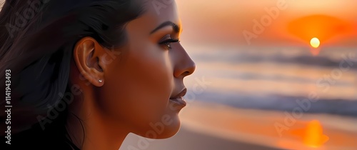 Wallpaper Mural Closeup of a womans profile with glossy black hair her serene expression reflecting the warmth of a vibrant orange sunset over a beach Torontodigital.ca