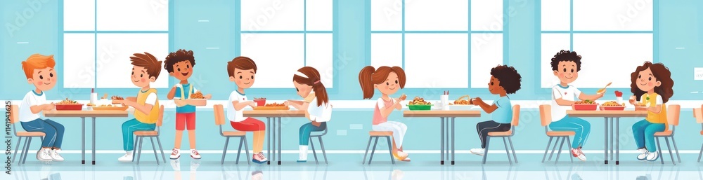 Children eating at tables in a cafeteria. Children eating at tables in a cafeteria.