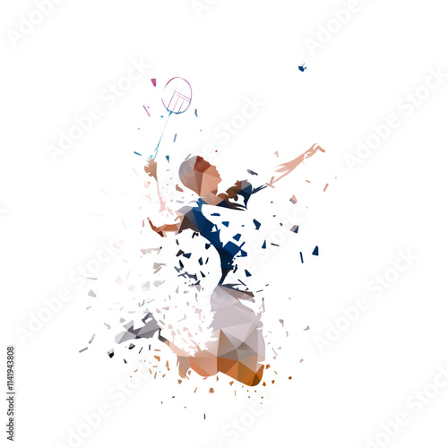 Badminton player, isolated low poly vector illustration, geometric drawing