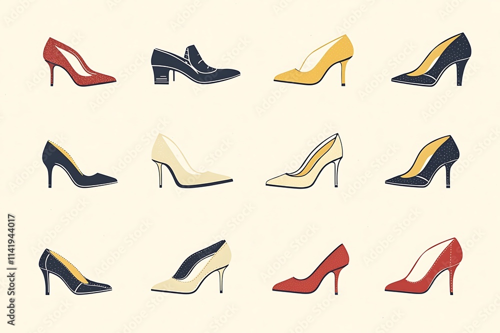 A graphic of shoes in pairs, ranging from sneakers to high heels to boots A graphic of shoes in pairs, ranging from sneakers to high heels to boots